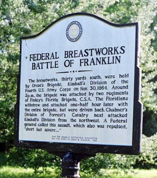 FEDERAL BREASTWORKS BATTLE OF FRANKLIN MEMORIAL MARKER