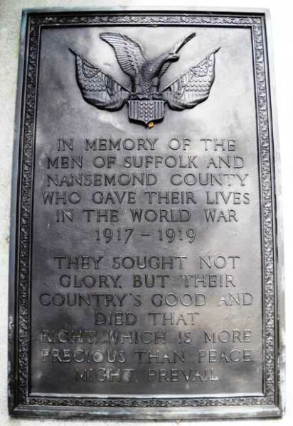 SUFFOLK AND NANSEMOND COUNTY WORLD WAR MEMORIAL PLAQUE A