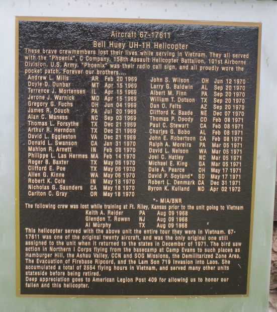 BELL HUEY UH-1H HELICOPTER MEMORIAL PLAQUE