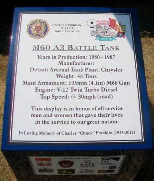 M60 A3 BATTLE TANK VETERANS MEMORIAL PLAQUE