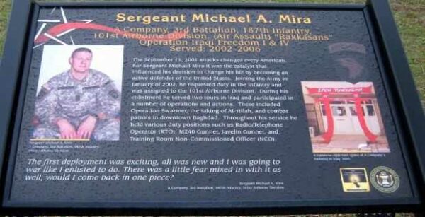 SERGEANT MICHAEL A. MIRA WAR MEMORIAL PLAQUE