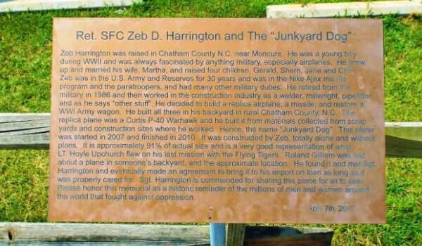 RET. SFC ZEB D. HARRINGTON MEMORIAL AIRCRAFT PLAQUE