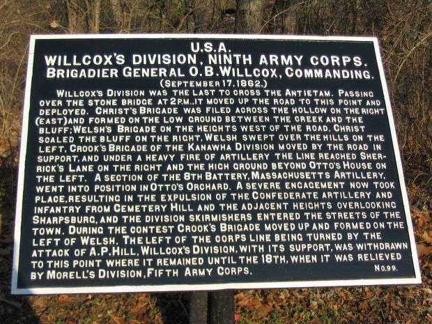 WILLCOX’S DIVISION, NINTH ARMY CORPS WAR MEMORIAL PLAQUE