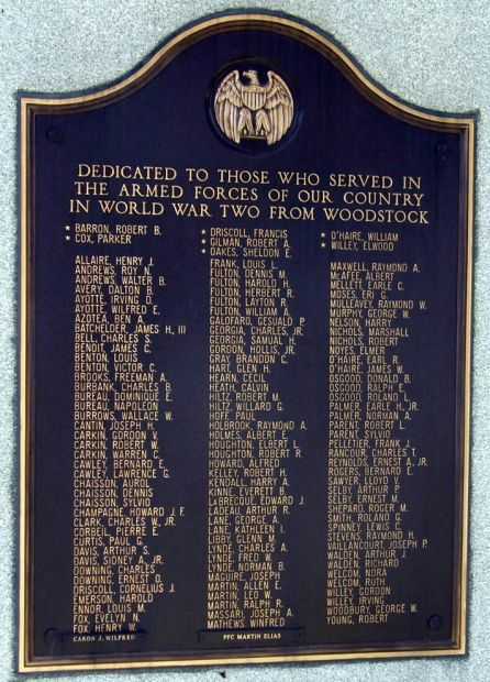 WOODSTOCK WORLD WAR II MEMORIAL PLAQUE