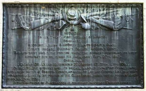 MICHIGAN TWENTY-FIRST REGIMENT OF INFANTRY WAR MEMORIAL PLAQUE