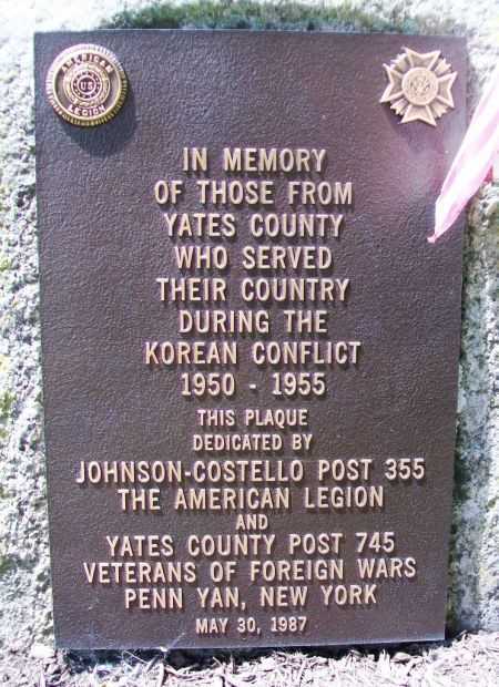 YATES COUNTY KOREAN CONFLICT MEMORIAL PLAQUE