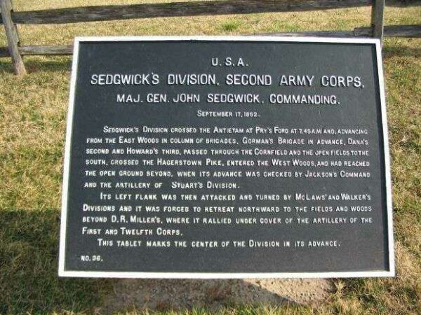 SEDGWICK’S DIVISION, SECOND ARMY CORPS WAR MEMORIAL PLAQUE