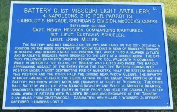 BATTERY G, 1ST MISSOURI LIGHT ARTILLERY WAR MEMORIAL PLAQUE