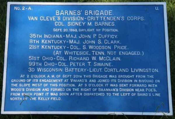 BARNES’ BRIGADE VAN CLEVE’S DIVISION-CRITTENDEN’S CORPS MEMORIAL PLAQUE