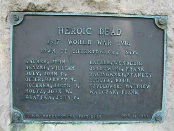 TOWN OF CHEEKTOWAGA WORLD WAR HEROIC DEAD MEMORIAL PLAQUE