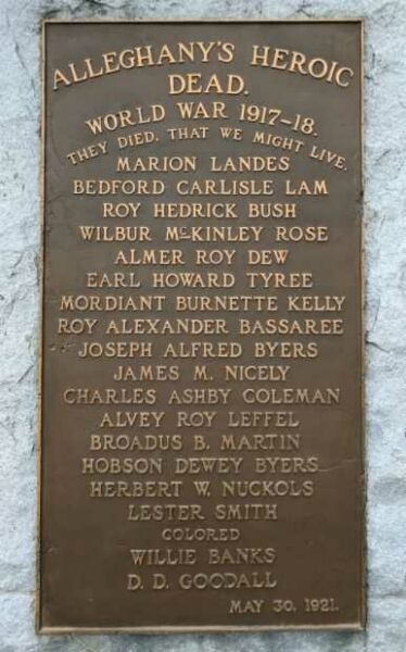 ALLEGHANY’S HEROIC DEAD WORLD WAR MEMORIAL PLAQUE
