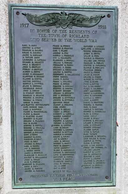 TOWN OF RICHLAND WORLD WAR MEMORIAL PLAQUE