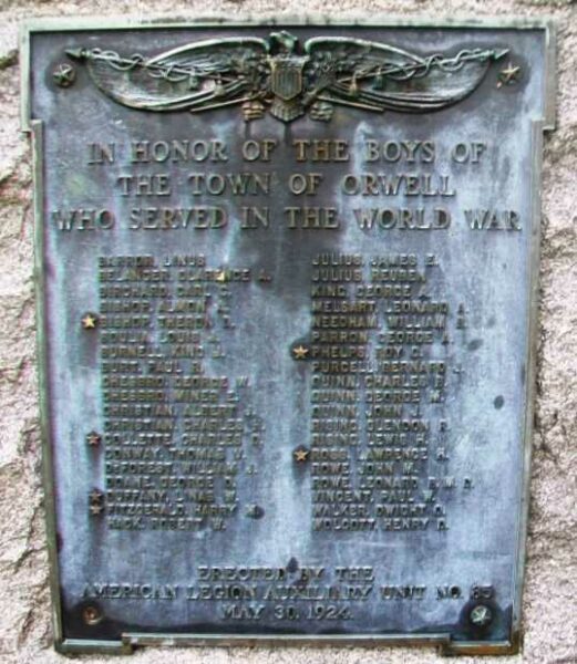 TOWN OF ORWELL WORLD WAR MEMORIAL PLAQUE