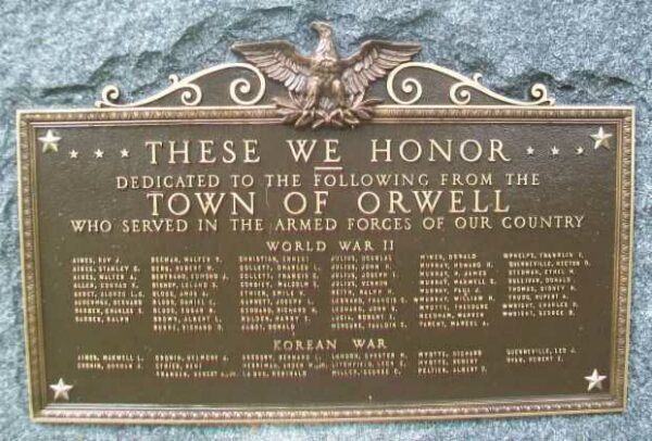TOWN OF ORWELL ARMED FORCES WAR MEMORIAL PLAQUE