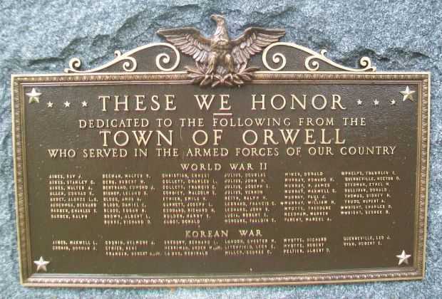 TOWN OF ORWELL ARMED FORCES WAR MEMORIAL PLAQUE
