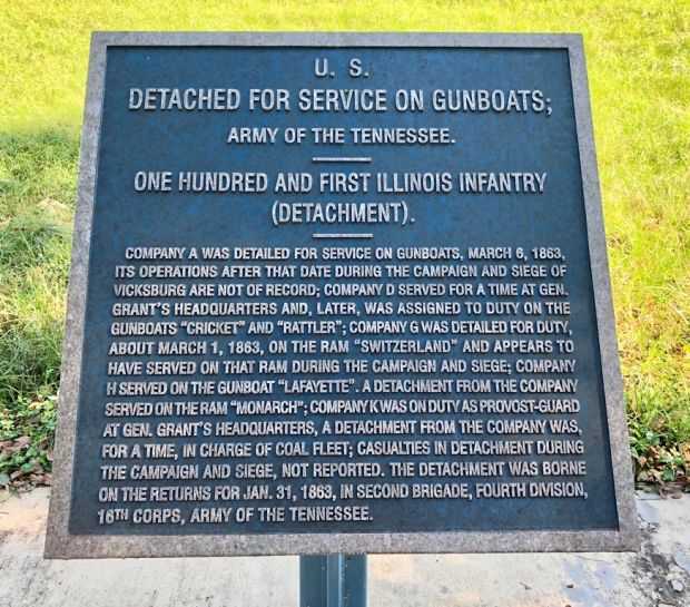 U.S. DETACHED FOR SERVICE ON GUNBOATS; ONE HUNDRED AND FIRST ILLINOIS INFANTRY MEMORIAL PLAQUE