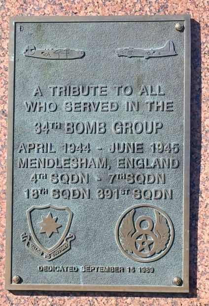 34TH BOMB GROUP WAR MEMORIAL PLAQUE