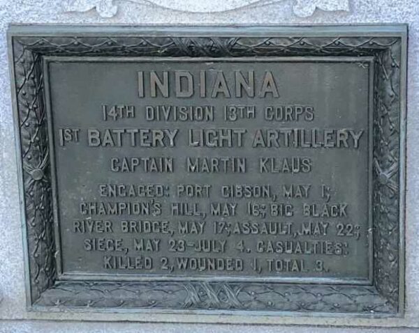 INDIANA 1ST BATTERY LIGHT ARTILLERY WAR MEMORIAL PLAQUE