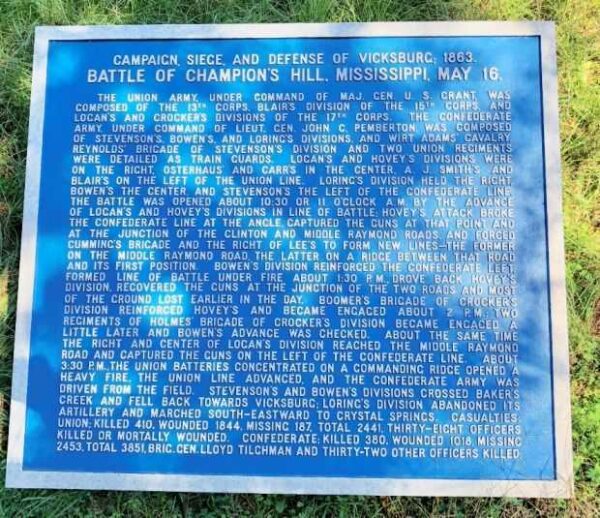 BATTLE OF CHAMPION’S HILL, MISSISSIPPI, MAY 16. MEMORIAL PLAQUE