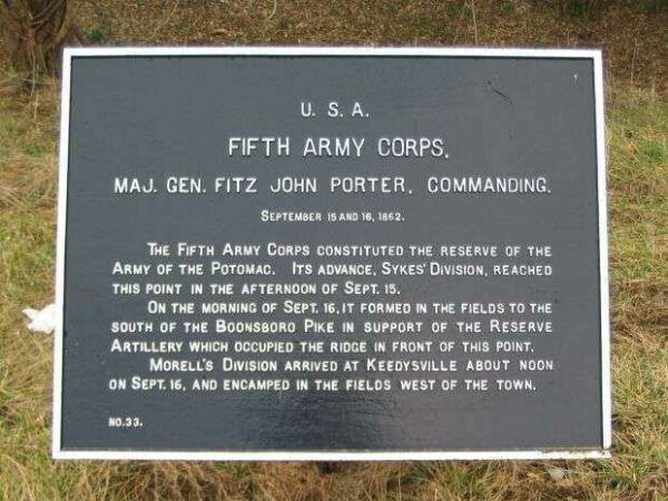 FIFTH ARMY CORPS, MAJ. GEN. FITZ JOHN PORTER, COMMANDING, WAR MEMORIAL PLAQUE