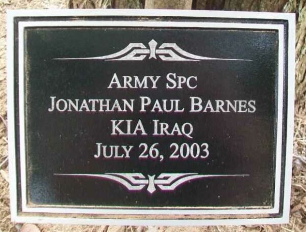 ARMY SPC JONATHAN PAUL BARNES WAR MEMORIAL PLAQUE