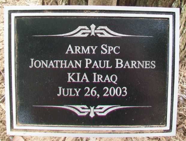 ARMY SPC JONATHAN PAUL BARNES WAR MEMORIAL PLAQUE