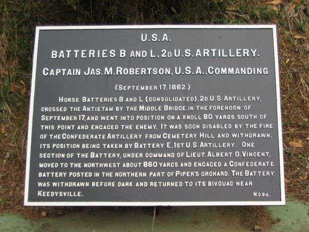 BATTERIES B AND L 2D U.S. ARTILLERY WAR MEMORIAL PLAQUE