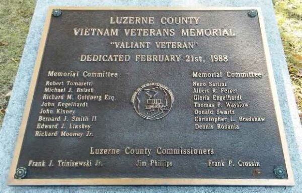 LUZERNE COUNTY VIETNAM VETERANS MEMORIAL PLAQUE A