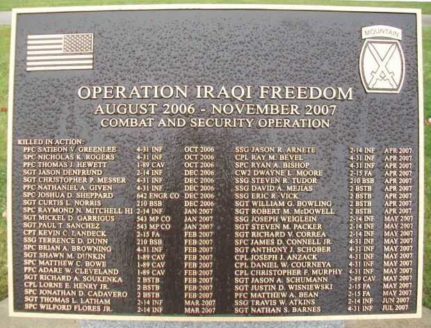 10TH MOUNTAIN DIVISION HEROES WALK MEMORIAL PLAQUE S