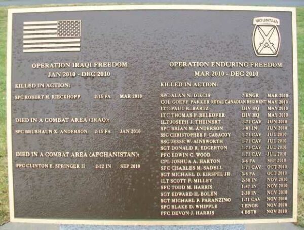 10TH MOUNTAIN DIVISION HEROES WALK MEMORIAL PLAQUE F