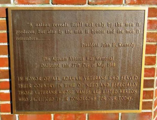THE AGAWAM VETERAN WAR MEMORIAL PLAQUE A