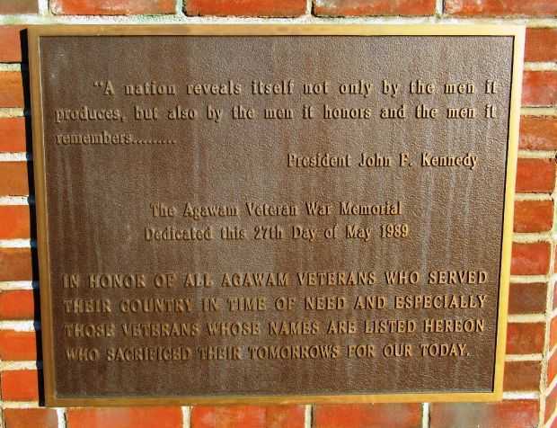 THE AGAWAM VETERAN WAR MEMORIAL PLAQUE A