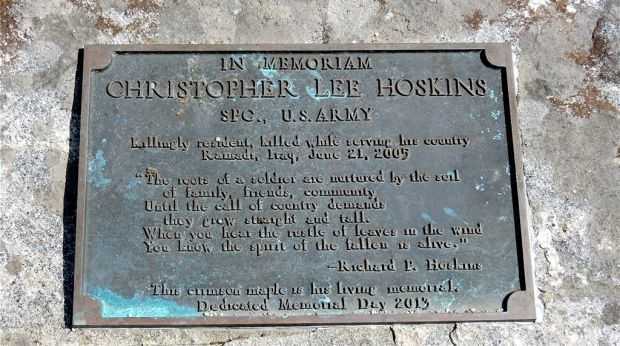 SPC. CHRISTOPHER LEE HOSKINS WAR MEMORIAL TREE PLAQUE