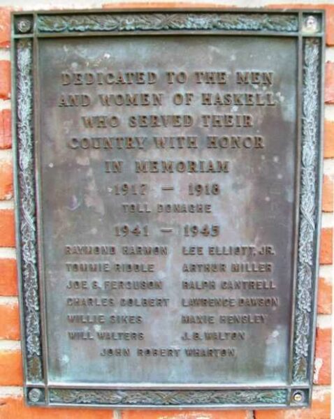 HASKELL WORLD WARS MEMORIAL PLAQUE