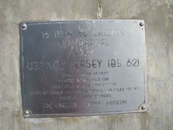 16 INCH 50 CALIBER GUN BARREL U.S.S. NEW JERSEY (BB 62) MEMORIAL  PLAQUE