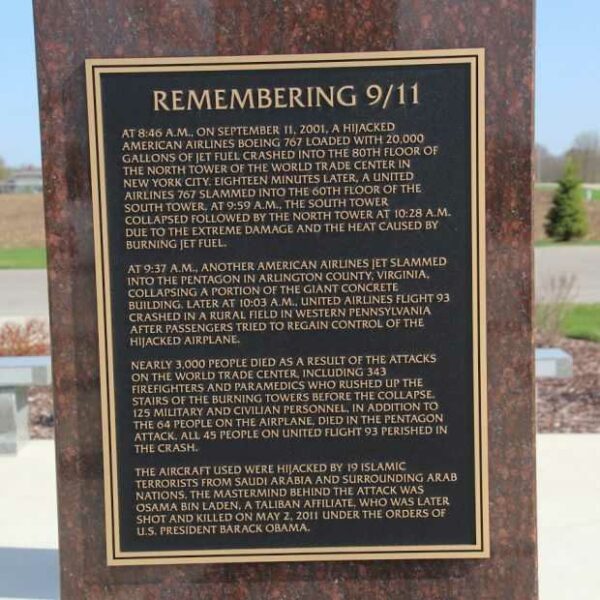 REMEMBERING 9/11 WAR MEMORIAL PILLAR PLAQUE