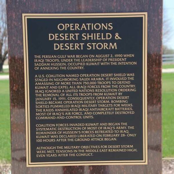 OPERATIONS DESERT SHIELD & DESERT STORM WAR MEMORIAL PILLAR PLAQUE