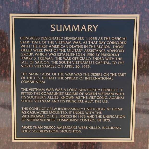 SUMMARY VIETNA,M WAR MEMORIAL PILLAR PLAQUE