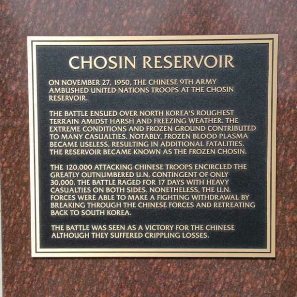 CHOSIN RESERVOIR WAR MEMORIAL PILLAR PLAQUE