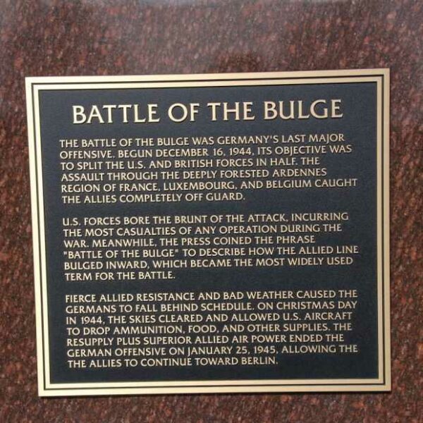BATTLE OF THE BULGE WAR MEMORIAL PILLAR PLAQUE