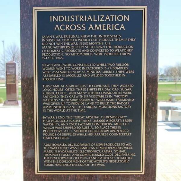 INDUSTRIALIZATION ACROSS AMERICA WAR MEMORIAL PILLAR PLAQUE