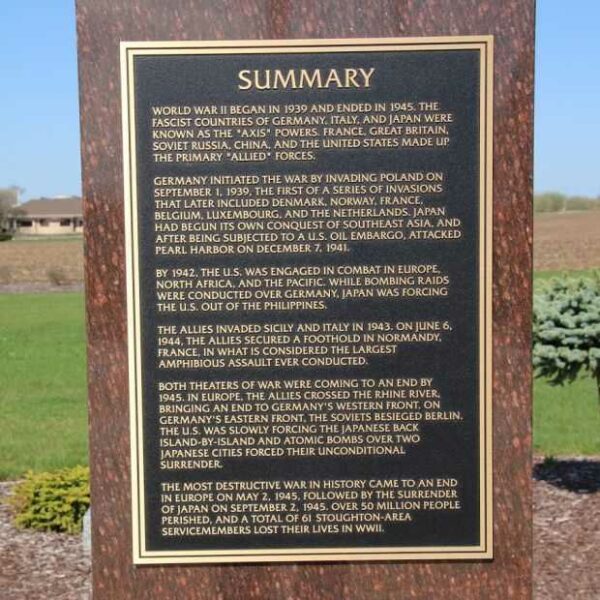 SUMMARY WORLD WAR II MEMORIAL PILLAR PLAQUE