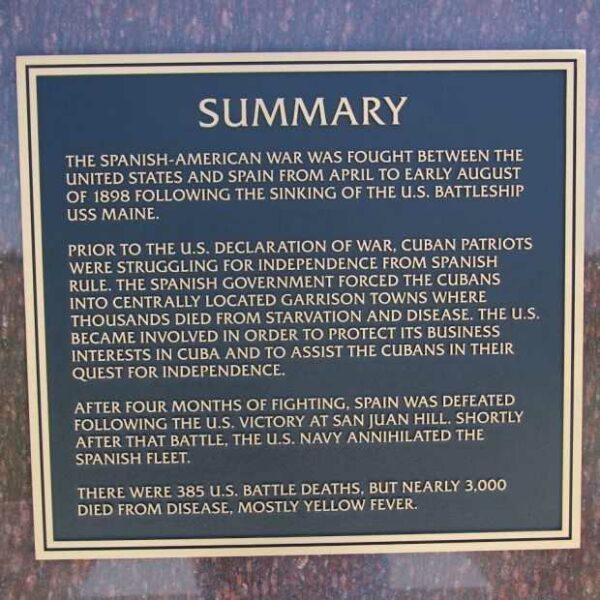 SUMMARY SPANISH-AMERICAN WAR MEMORIAL PILLAR PLAQUE