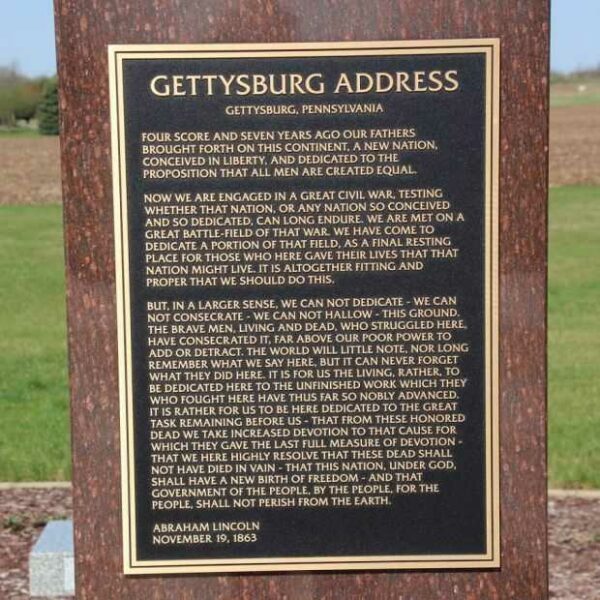 GETTYSBURG ADDRESS WAR MEMORIAL PILLAR PLAQUE