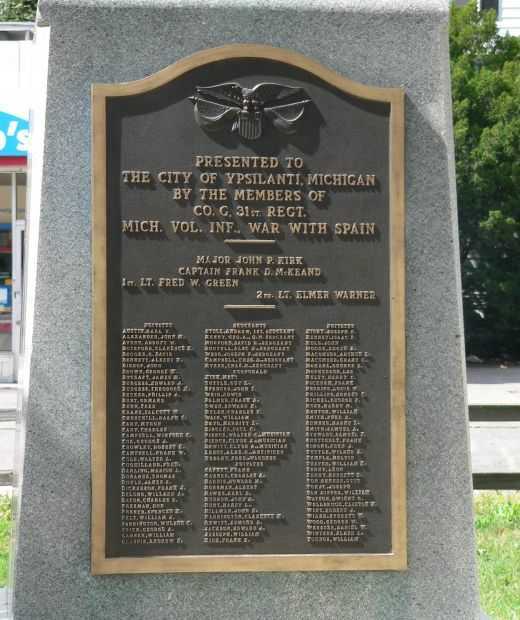 CITY OF YPSILANTI CO. G, 31ST REGT WAR MEMORIAL PLAQUE