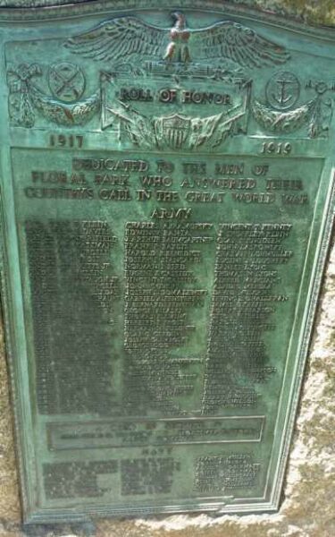 FLORAL PARK NASSAU COUNTY WORLD WAR I MEMORIAL PLAQUE