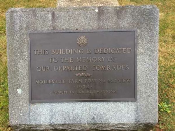 MOLLEVILLE FARM POST NO. 467 V.F.W. MEMORIAL BUILDING PLAQUE
