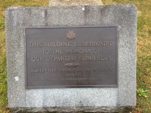 MOLLEVILLE FARM POST NO. 467 V.F.W. MEMORIAL BUILDING PLAQUE