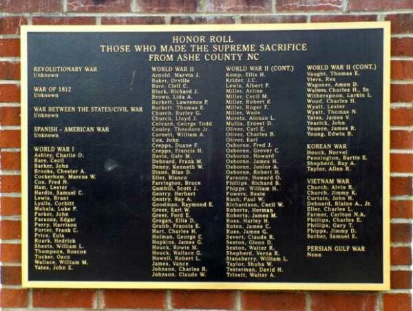 ASHE COUNTY VETERANS MEMORIAL HONOR ROLL PLAQUE