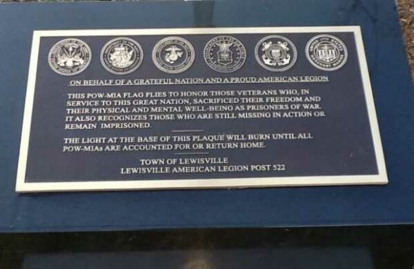 TOWN OF LEWISVILLE ALL VETERANS MEMORIAL POW MIA PLAQUE
